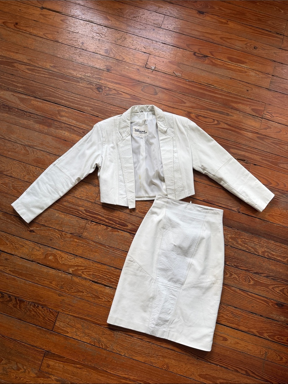 Wilsons Leather White Cropped Leather Jacket & Pencil Skirt Set